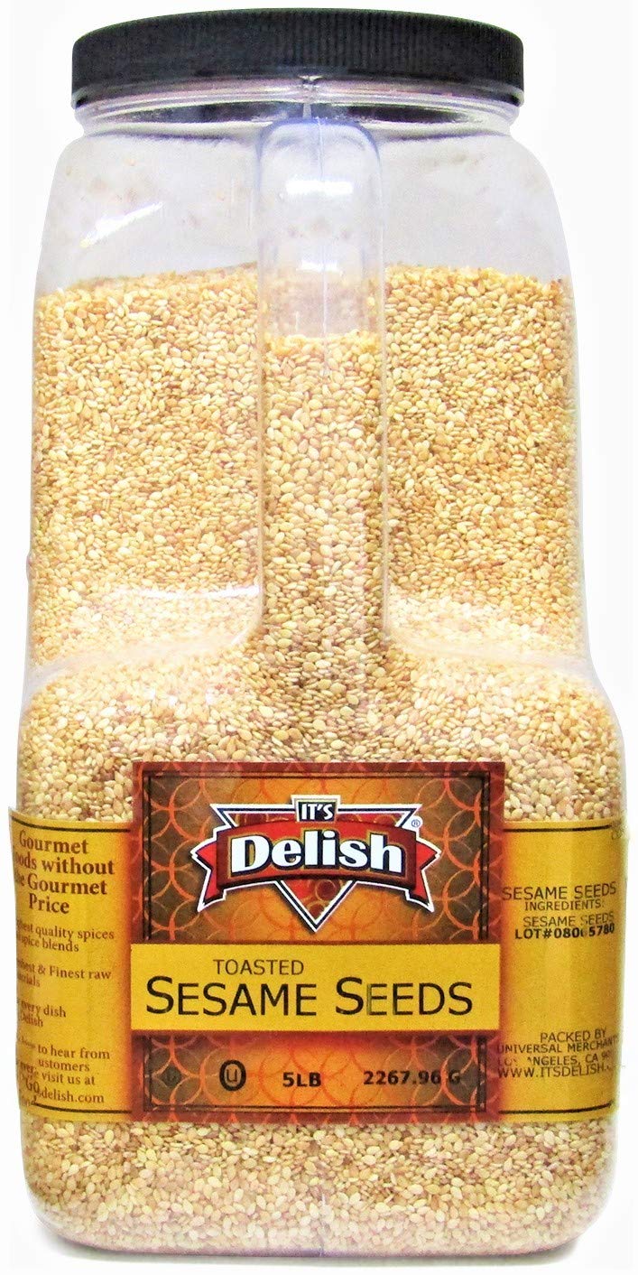 Gourmet Toasted Whole Sesame Seeds By It'S Delish - 5 Lb Gallon Size Container Jug With Handle - Natural Gluten-Free Fresh Oven