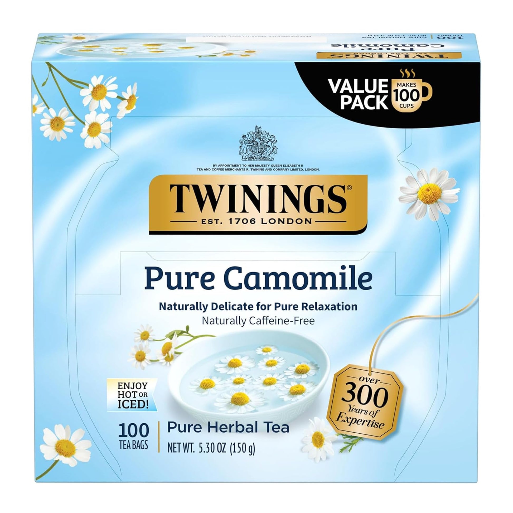 Twinings Pure Camomile Herbal Tea, Naturally Caffeine-Free, 100 Teabags, Ideal for Hot or Iced, 100 Count Pack
