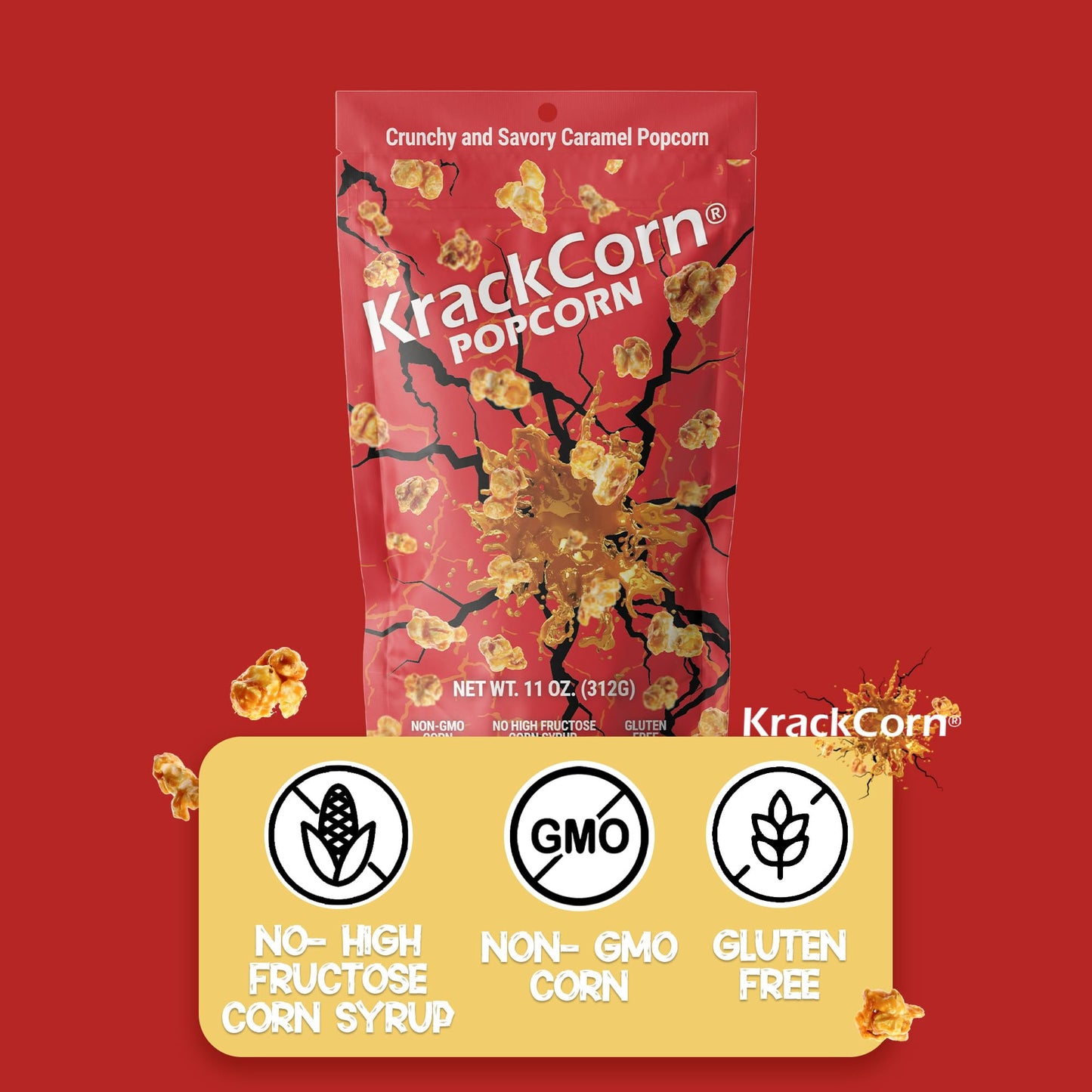KrackCorn Caramel Popcorn - Gluten-Free, Non-GMO Gourmet Snack - 11 Oz, Pack of 3
