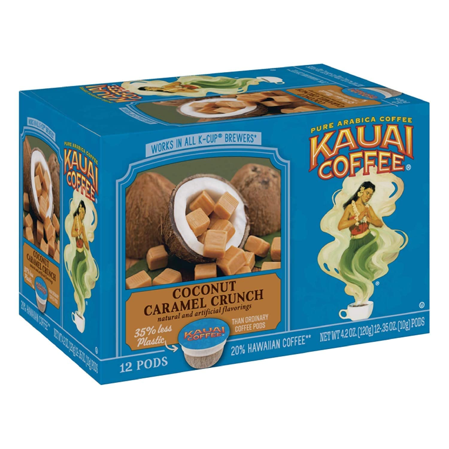 Kauai Coffee Coconut Caramel Crunch Flavor Arabica Coffee Pods 12 Count