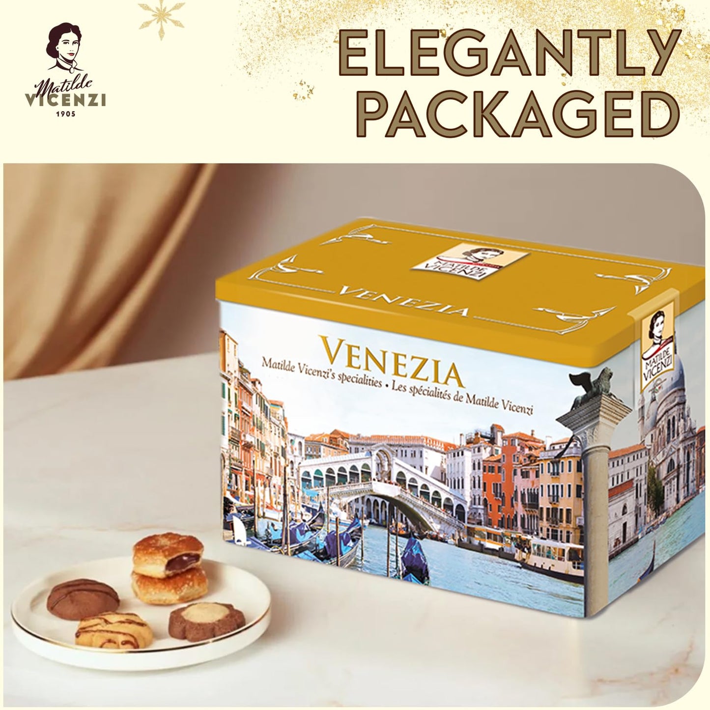 Matilde Vicenzi Venezia Cookie Gift Tin - Italian Pastries & Cookies In Individually Wrapped Trays - Gourmet Gifts For Thanksgiving & Christmas - Assorted Cookies In Italian Design Tin 32.5Oz (920G)