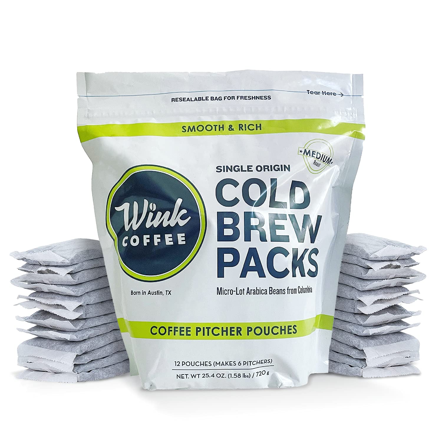 Wink Coffee Cold Brew Pitcher Packs, Coarse Ground 100% Arabica Coffee Beans, Single Origin Colombian Andes, 12 Count, Makes 42 