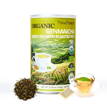 5.29oz Organic Genmaicha Green Tea with Roasted Rice, 50 Count, Unbleached, ECO-Conscious Genmaicha Tea Bags, VitalForest Roaste