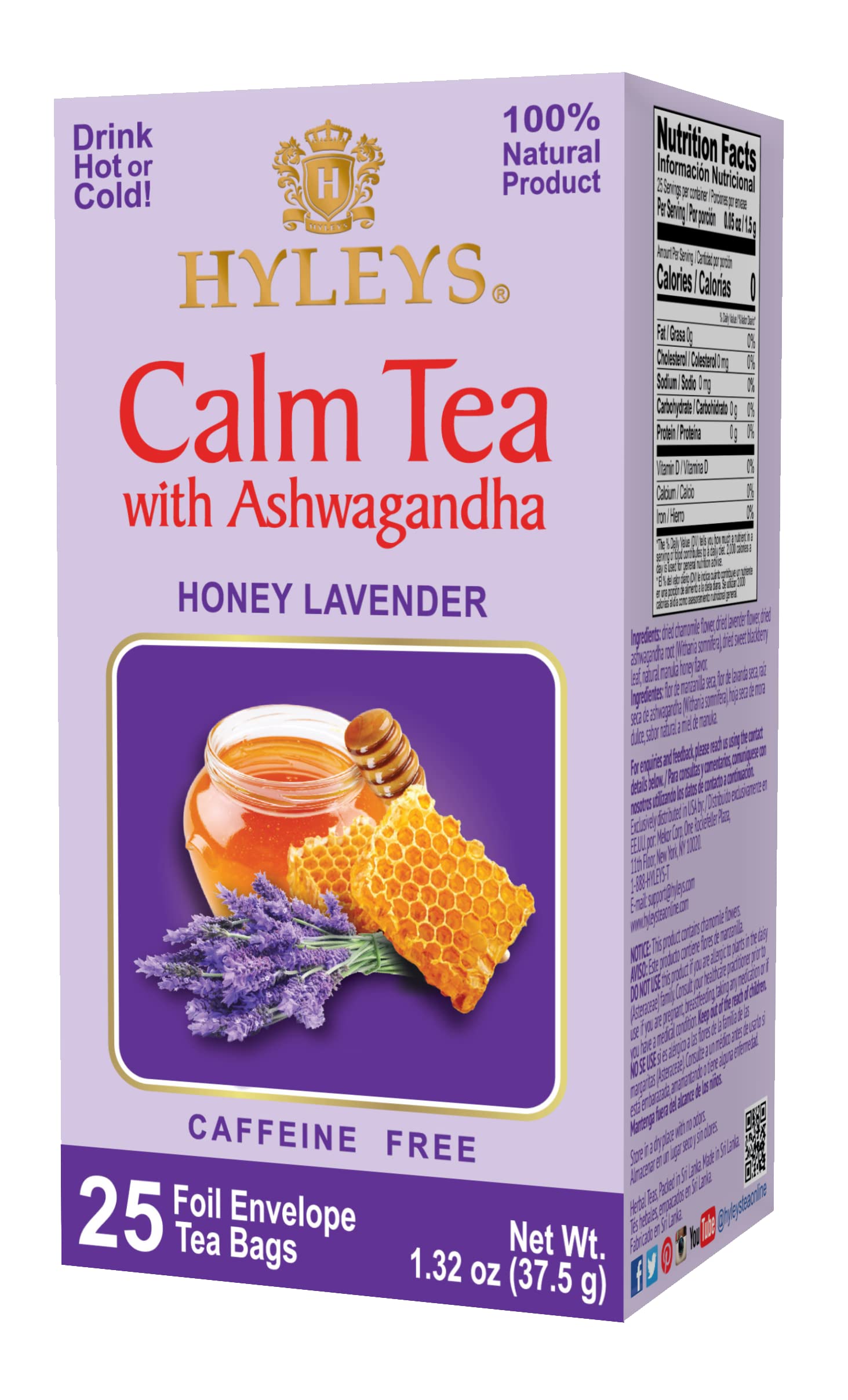 HYLEYS Herbal Tea - Calm Tea with Ashwagandha, Lavender & Honey Flavor, Caffeine-Free, 25 Tea Bags, Model 854326