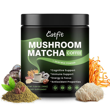Mushroom Matcha Coffee - Matcha Green Tea Infused with 4 Superfood Mushrooms, Instant Coffee, Skim Milk - Great Tasting Mushroom