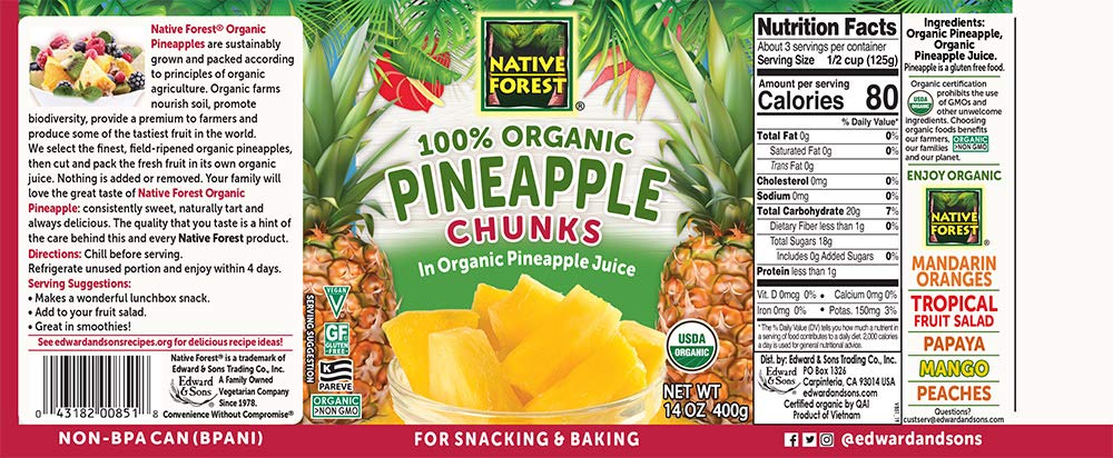 Native Forest Organic Pineapple Chunks - Canned Pineapple Chunks In Juice, Canned Fruit, Pineapple Canned, Pineapple Juice - 14 Ounce (Pack Of 6)