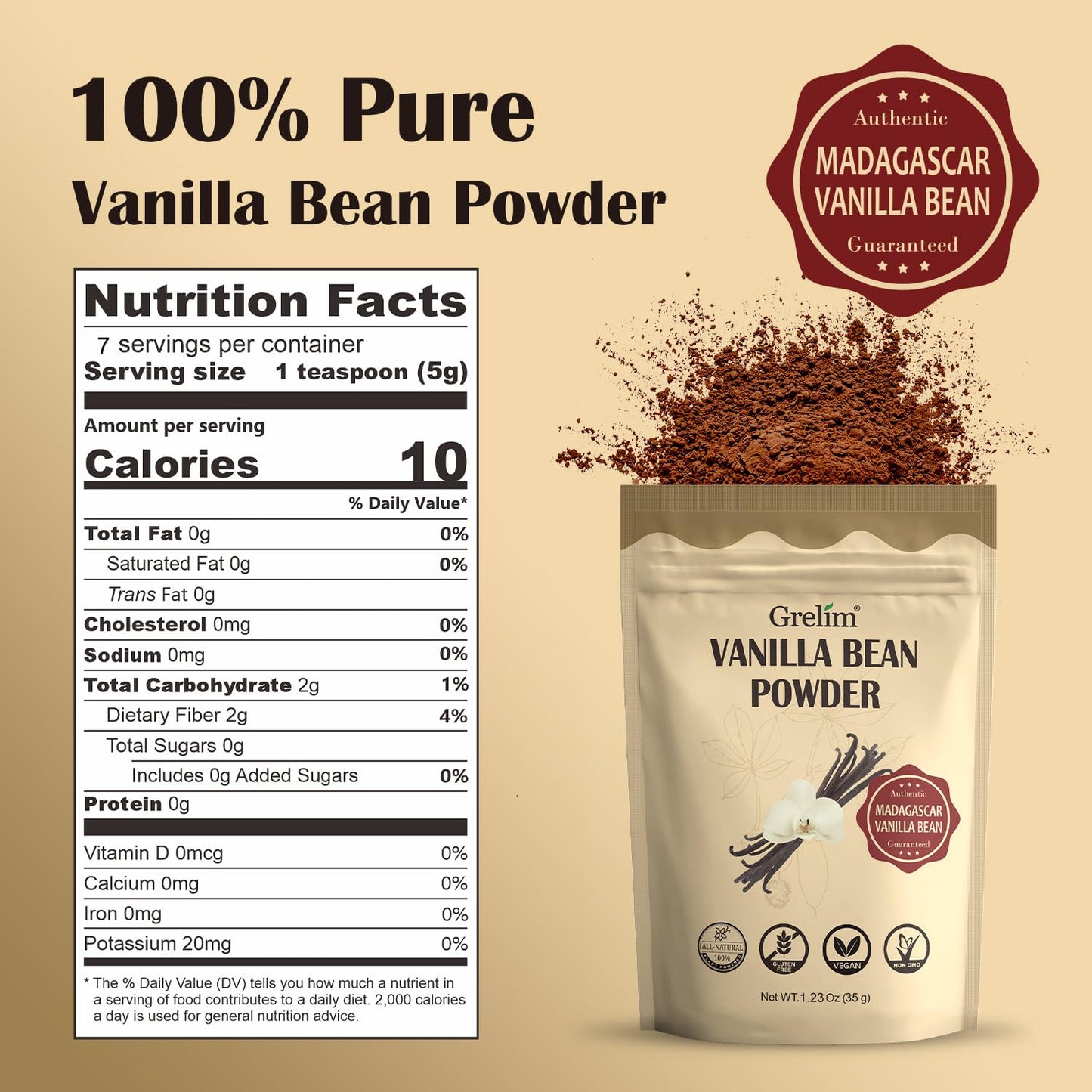 Grelim Vanilla Bean Powder, 100% Pure Ground Madagascar Vanilla Powder,No Fillers Or Additives Great For Baking, Coffee, Smoothi