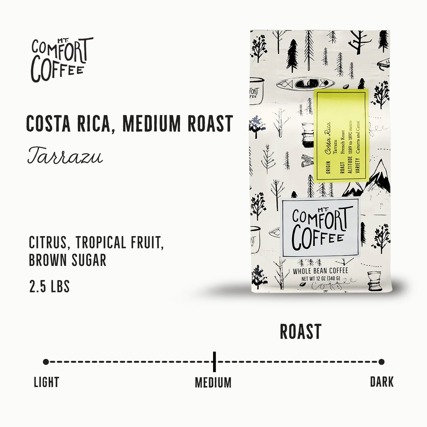 Mt. Comfort Coffee Costa Rica Medium Roast, 12 Oz Bag - Sourced From Local, Costa Rican Coffee Farms - Roasted Whole Beans