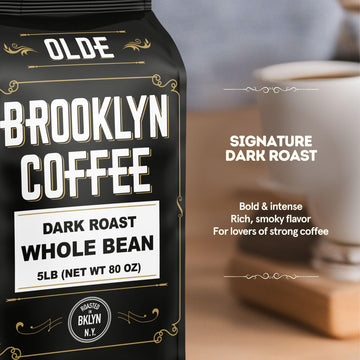 BROOKLYN COFFEE Whole Bean, Classic Dark Roast (5lb) Bold, Smooth Taste, Intense Aroma - Fresh Bulk Coffee Beans Roasted Weekly