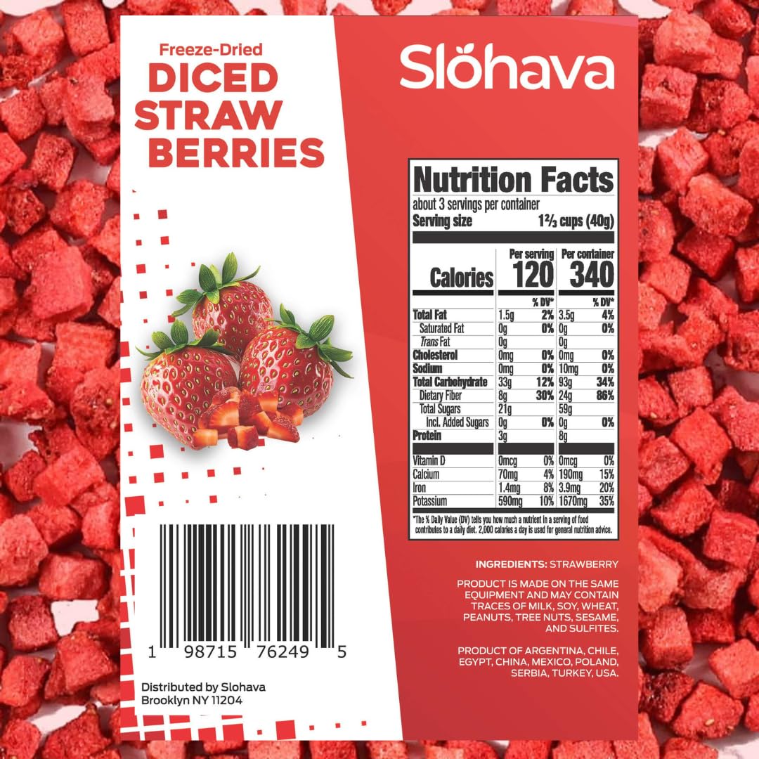 Slohava Freeze Dried Diced Strawberries Pieces, 4 Oz. 100% Natural Fruit, No Sugar Added, Kosher, Resealable Pouch.