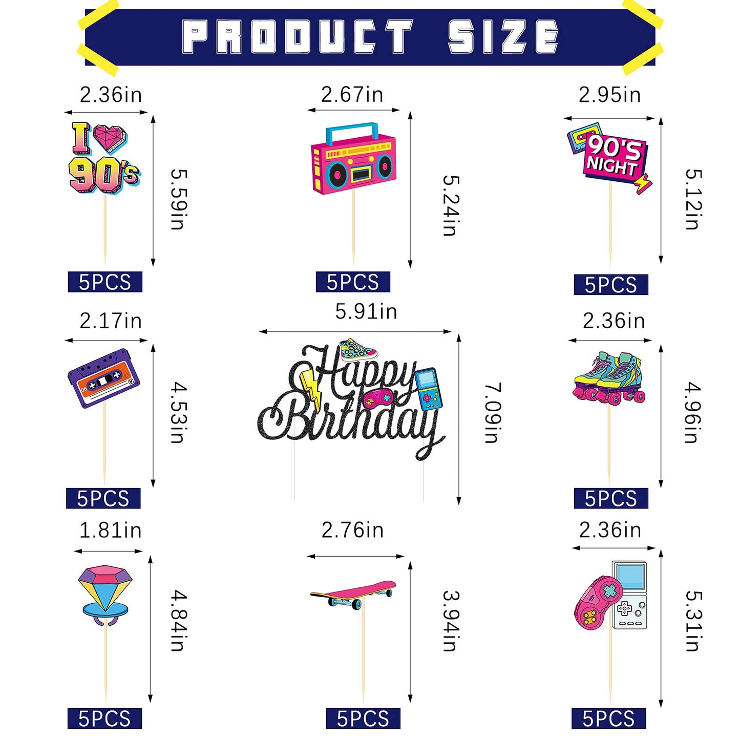 41 Pieces 90'S Retro Theme Cupcake Toppers 90'S Birthday Party Cake Toppers 90'S Retro Party Cake Dessert Diy Decoration For Bir