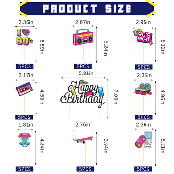 41 Pieces 90'S Retro Theme Cupcake Toppers 90'S Birthday Party Cake Toppers 90'S Retro Party Cake Dessert Diy Decoration For Bir