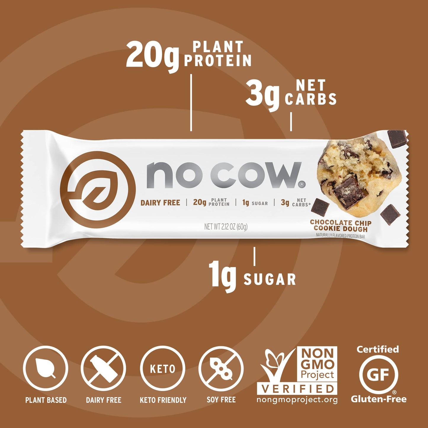 No Cow High Protein Bars, Chocolate Chip Cookie Dough - Healthy Snacks, 20G Vegan Protein, High Fiber, Low Sugar, Keto Friendly,