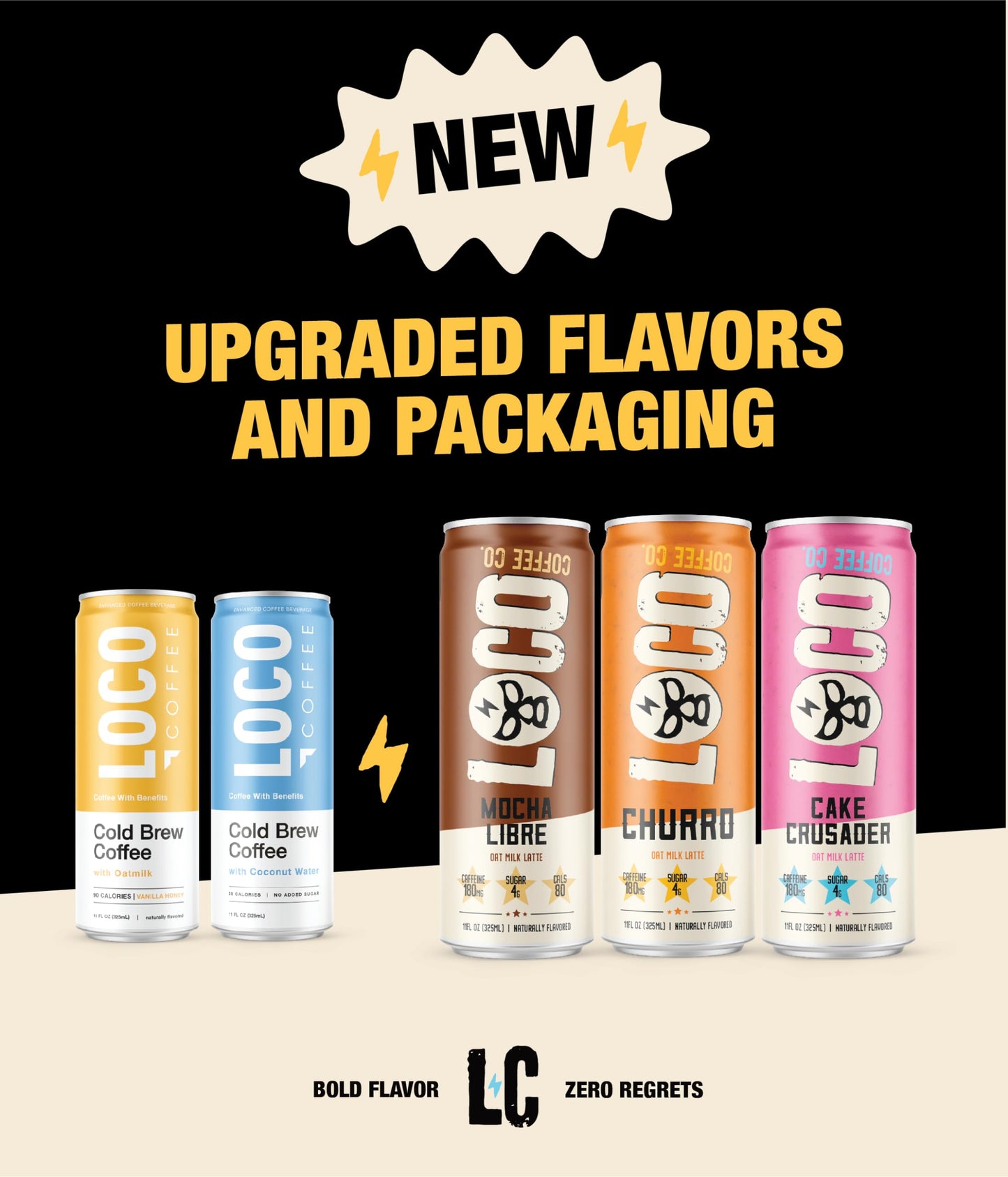 Loco Life Brew Mocha Oat Milk Latte Cold Brew Coffee, Medium Roast, 180mg Caffeine, 11oz Can, 12 Count, Gluten Free, Low Sugar