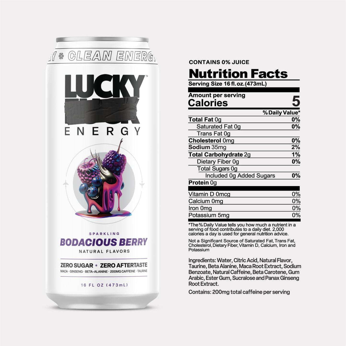 Lucky Energy Sugar Free Energy Drink, Bodacious Berry, 16oz Cans, 12-Pack, 200mg Caffeine, Zero Sugar, with Maca & Ginseng