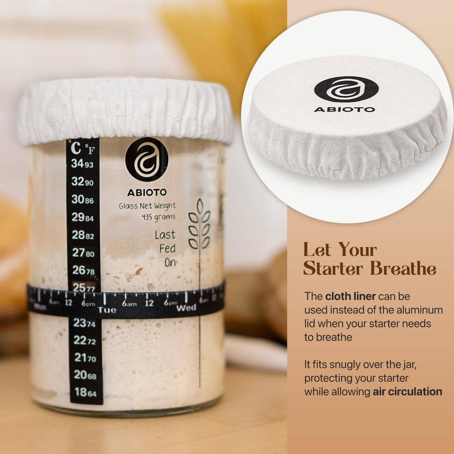 ABIOTO Sourdough Starter Jar Kit  Includes 34 oz Sourdough Starter Jar with Metallic Lid  Silicone Spatula  Feeding Tracker  Extra Thermometer Strips & Breathable Covers - Sourdough Bread Starter Kit