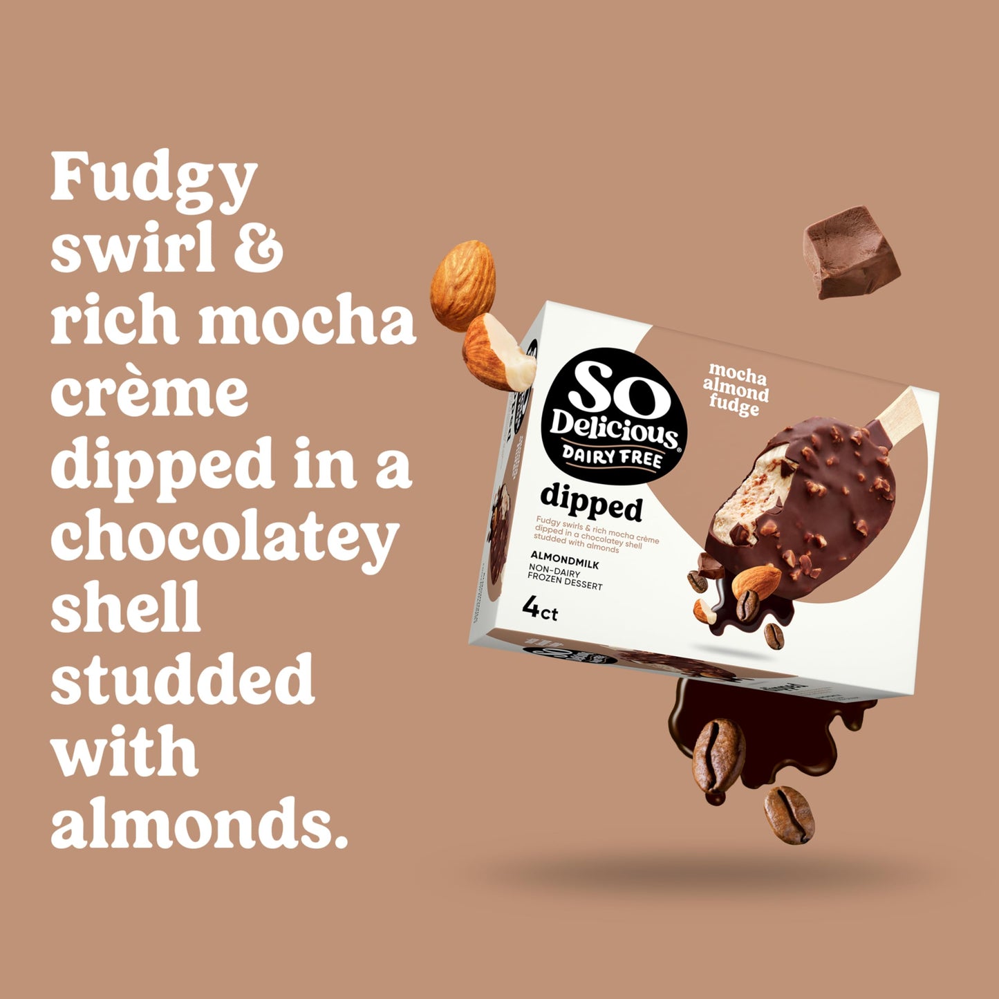 So Delicious Dairy Free Almond Milk Dipped Frozen Dessert Bar, Mocha Almond Fudge, Vegan, Non-GMO Project Verified, 4 Count (Pac