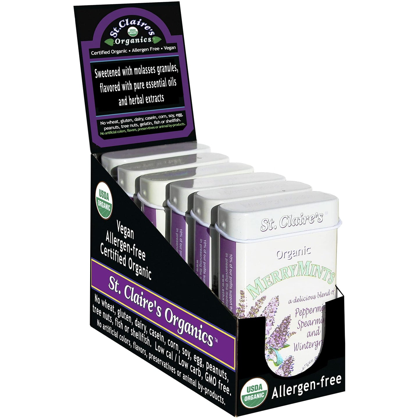 St. Claires Organic Breath Mints, (Merrymints, 1.5 Ounce Tin, Pack Of 6) | Gluten-Free, Vegan, Gmo-Free, Plant-Based, Allergen-Free | Made In Our Allergen-Free Facility