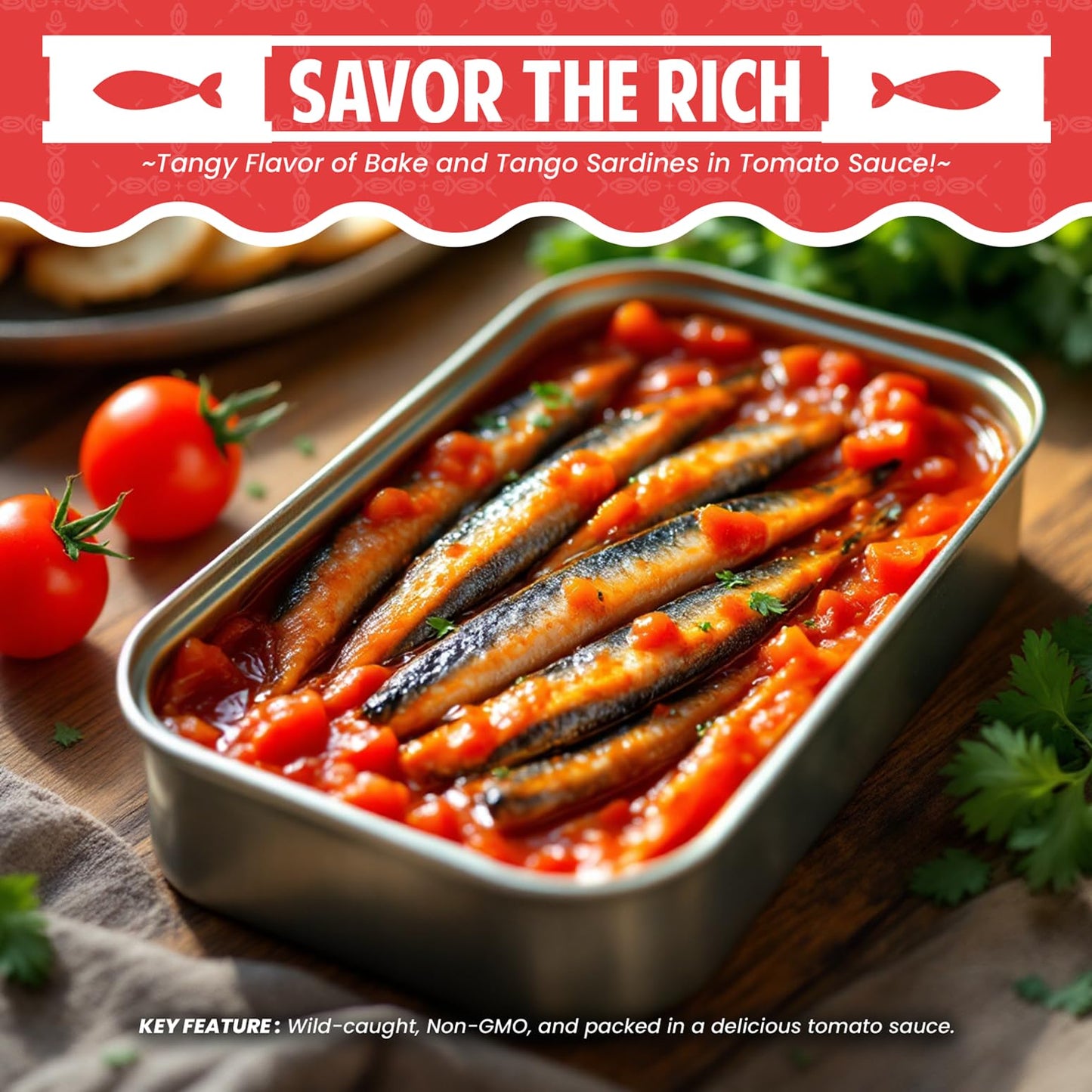 Bake And Tango - Sardines In Tomato Sauce - 4.4Oz (Pack Of 12) | Rich In Omega-3, High-Protein, Wild-Caught, Non-Gmo, Gluten-Fre