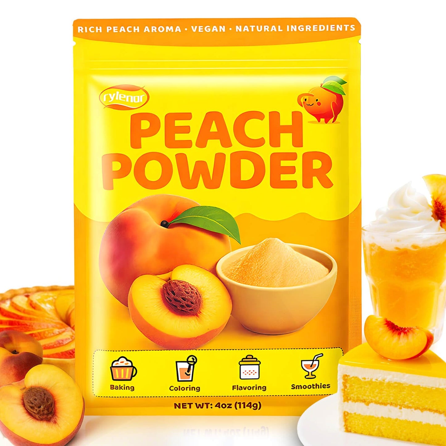 Peach Powder, 4 oz/114 g Rich Peach Flavoring for Baking, Smoothies, Desserts & Drinks, Alternative to Frozen Peaches & Freeze D