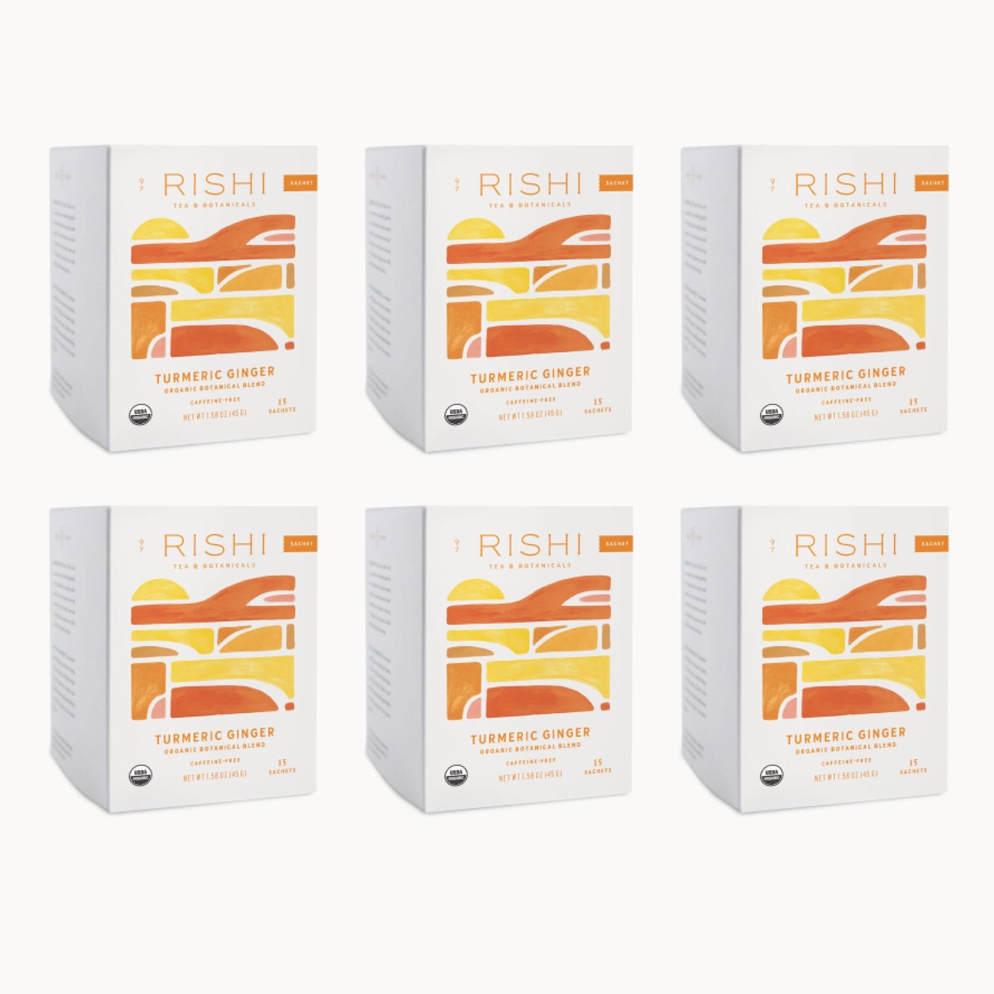 Rishi Tea Turmeric Ginger Herbal Tea Sachets, Caffeine Free, 15 Count (Pack of 6), Ayurvedic Digestive Blend