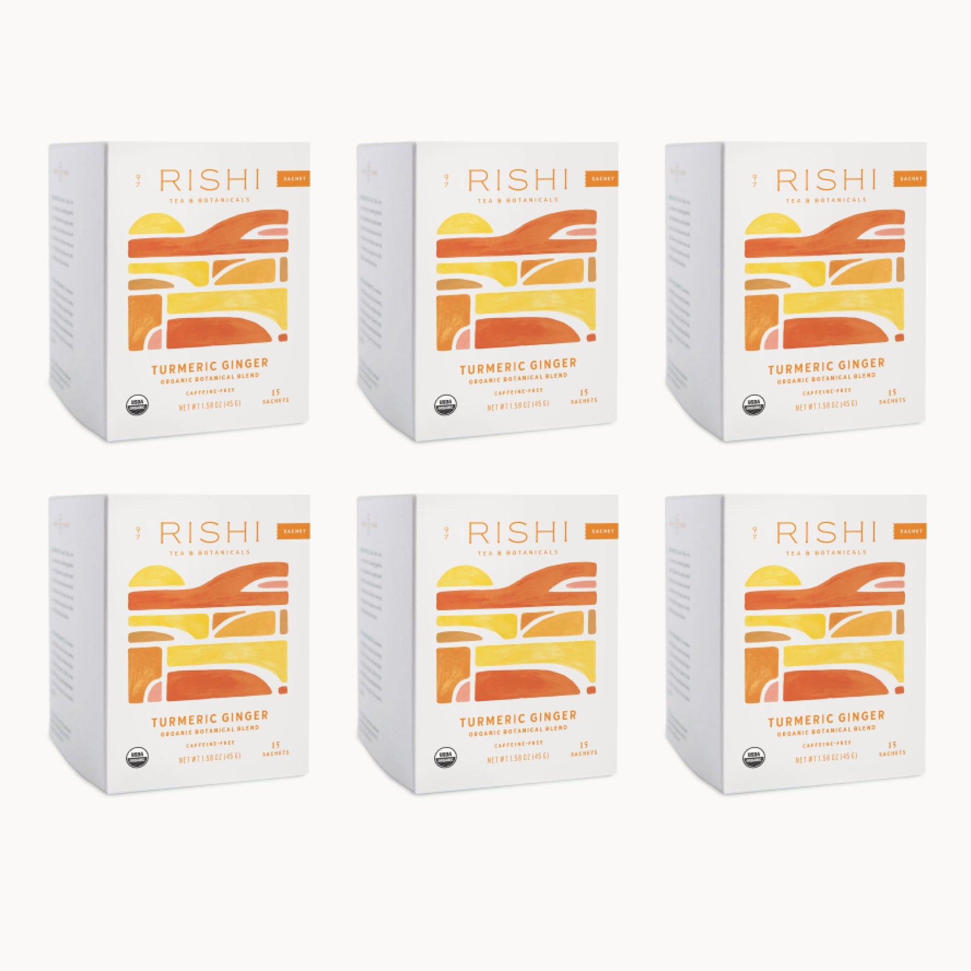 Rishi Tea Turmeric Ginger Herbal Tea Sachets, Caffeine Free, 15 Count (Pack of 6), Ayurvedic Digestive Blend