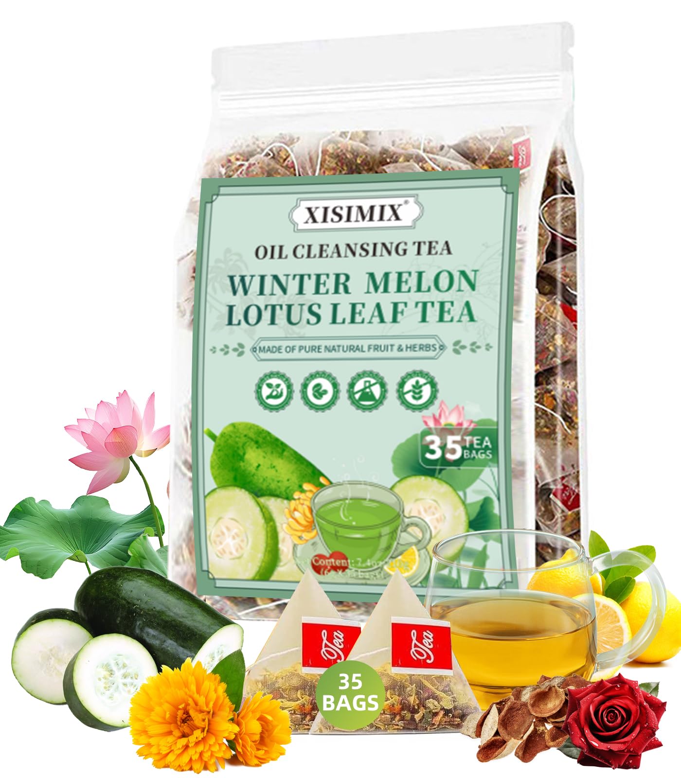 Generic Winter Melon Lotus Leaf Tea - 35 Bags, 9 Ingredients Blend, Includes Chrysanthemum, Orange Peel, Hawthorn, and More