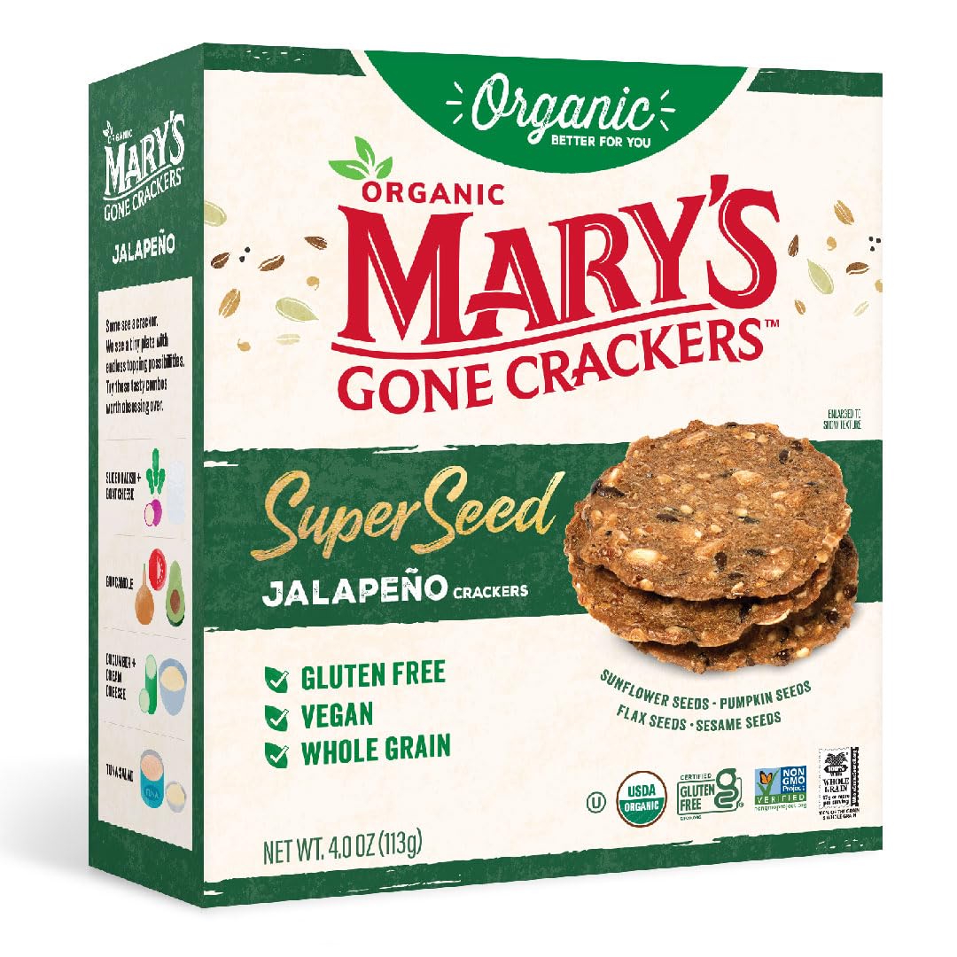 Marys Gone Crackers Super Seed Crackers, Jalapeno, 4 Ounce (Pack of 1), Organic Plant Based Protein, Gluten Free