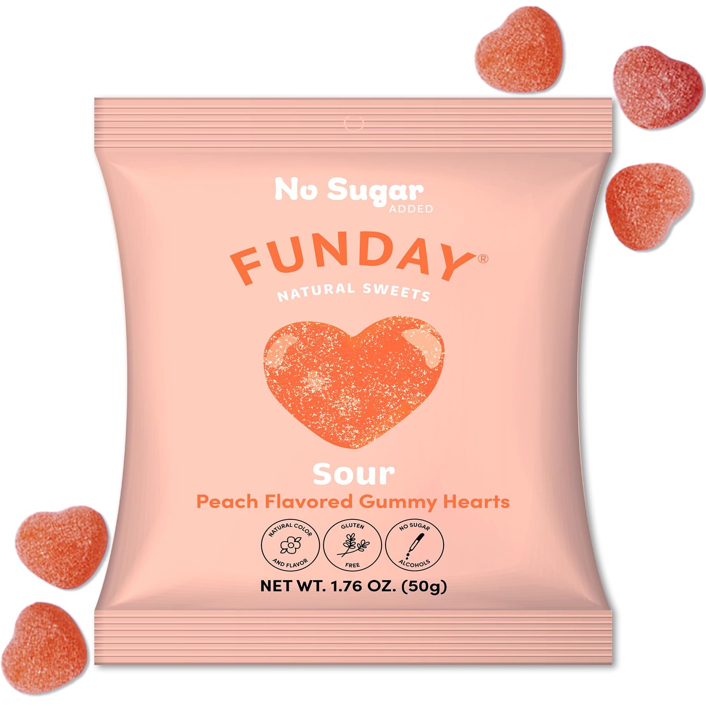 FUNDAY Sour Peach Hearts - 12 x 50g Bags - No Sugar Added - Gluten-Free Sour Candy with Natural Flavors & Prebiotic Fiber
