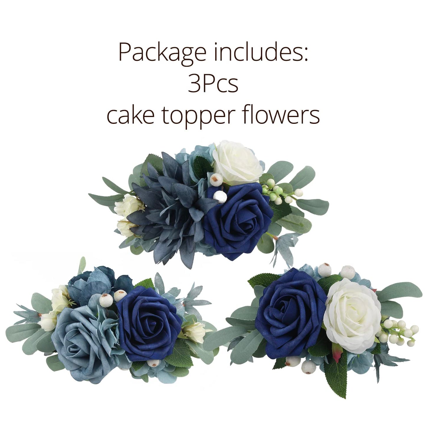 Rinlong 3Pcs Pre-Made Cake Toppers Navy Blue Flowers Cake Decorations Wedding Cake Decorating Flowers Decor Birthday Baptism Par