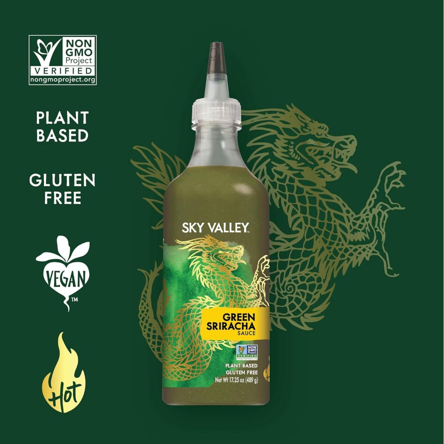 Sky Valley Green Sriracha Sauce - Spicy Green Sriracha Hot Sauce, Lime, Jalapeno Pepper, Cilantro, Plant Based, Vegan - 17.25 Oz