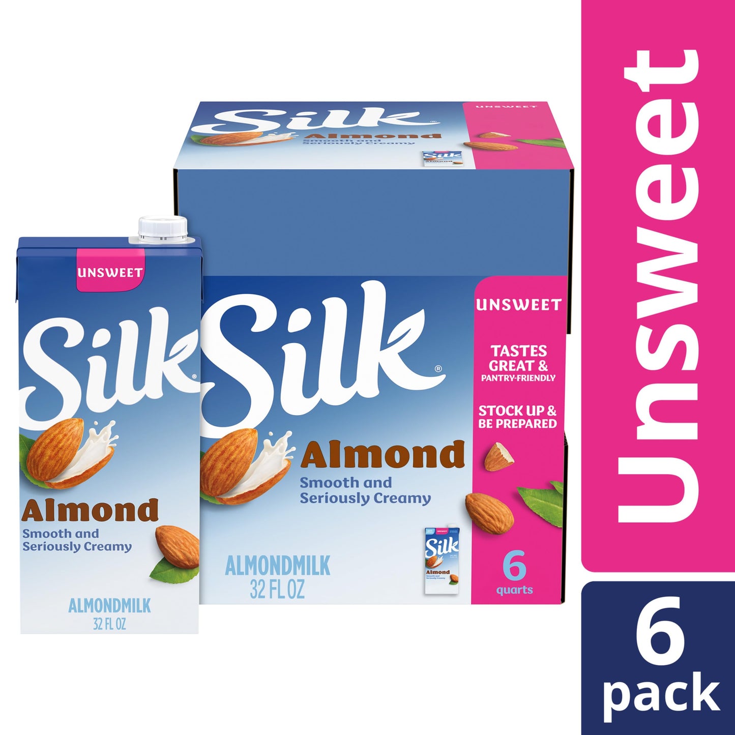 Silk Shelf-Stable Almond Milk, Unsweetened, Dairy-Free, Vegan, Non-GMO Project Verified, 1 Quart (Pack of 6)