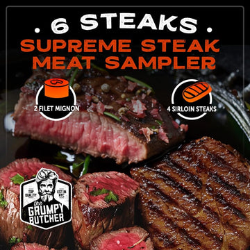 Grumpy Butcher 6 Steaks Supreme Sampler Gift Box: 4 Top Sirloin & 2 Large Filet Mignon - Premium Steak Meat Food Gifts Basket Me