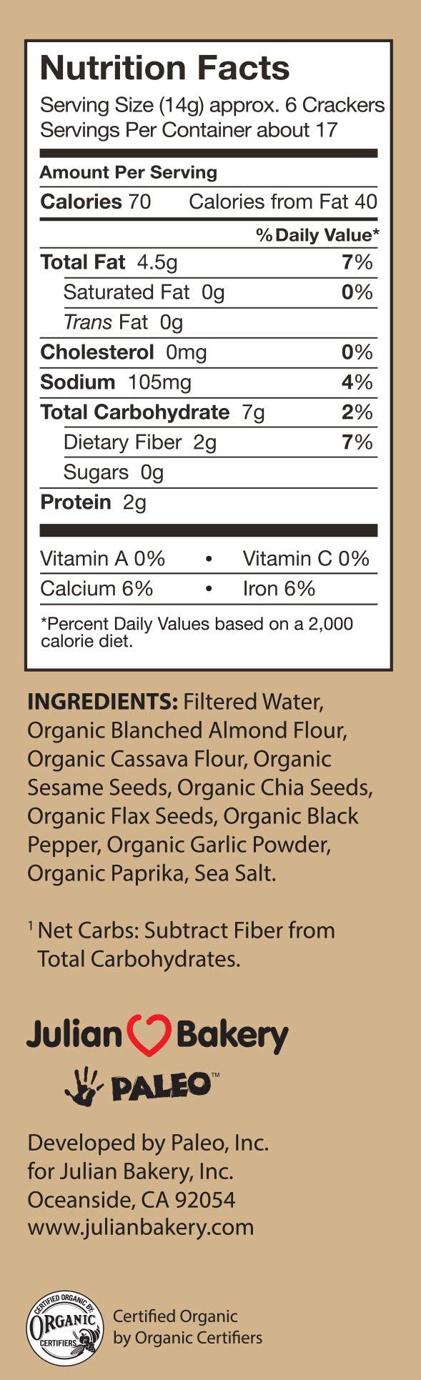 Julian Bakery Paleo Thin Crackers | Salt & Pepper | USDA Organic | Gluten-Free | Grain-Free | GMO Free | Low Carb | 8.4 Ounce (P