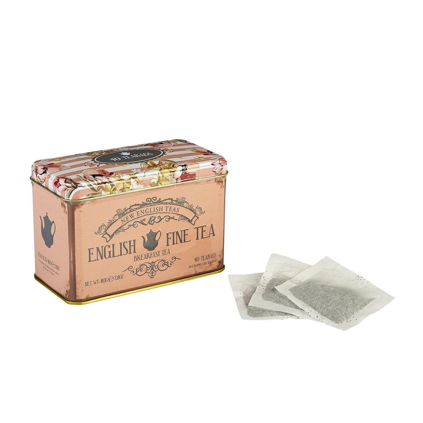 New English Teas Vintage Floral Tea Tin With 40 English Breakfast Teabags