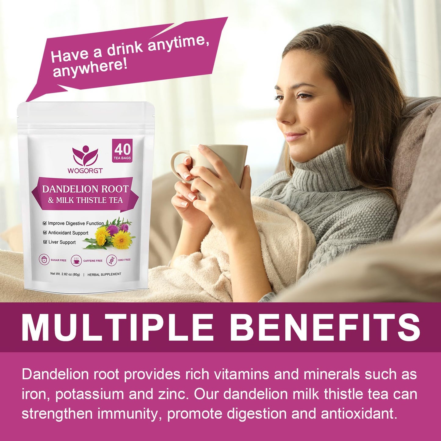 WOGORGT Dandelion Root & Milk Thistle Tea Bags - 40 Count - Caffeine Free Herbal Tea for Liver Cleanse & Immune Support