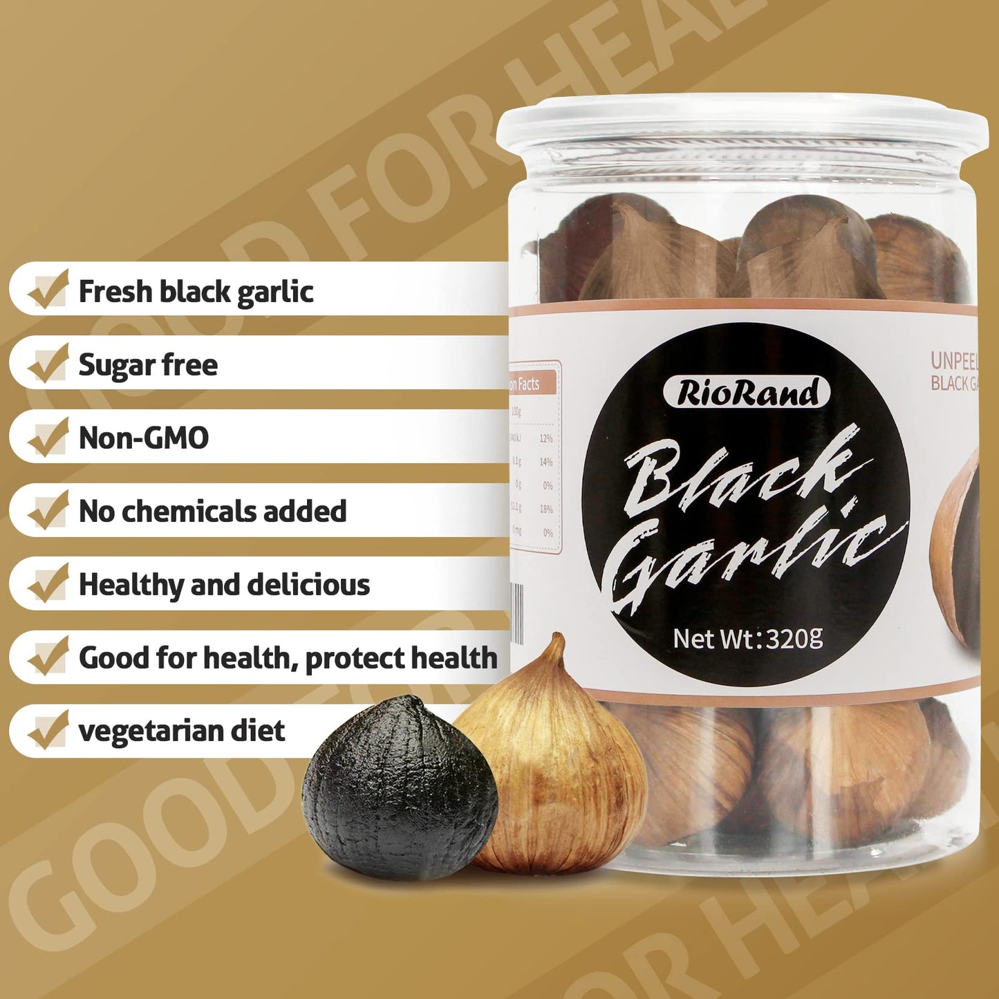 Riorand Black Garlic 320G Whole Black Garlic Aged For Full 90 Days Black Garlic Jar 0.7 Pounds
