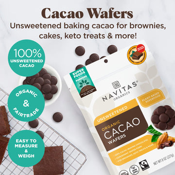 Navitas Organics Cacao Wafers, Unsweetened Baking Chocolate, Organic, Non-GMO, Gluten-Free, 8 Ounce