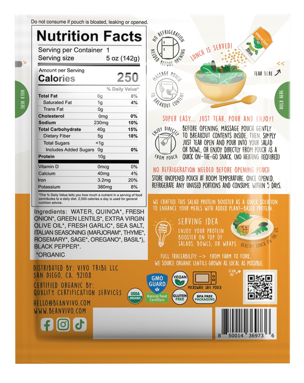 BeanVIVO 3-Pack Salad Protein Booster - Organic Lentils & Quinoa with Garlic & Herbs, 10g Protein, 5oz Pouches