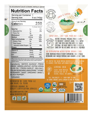 BeanVIVO 3-Pack Salad Protein Booster - Organic Lentils & Quinoa with Garlic & Herbs, 10g Protein, 5oz Pouches