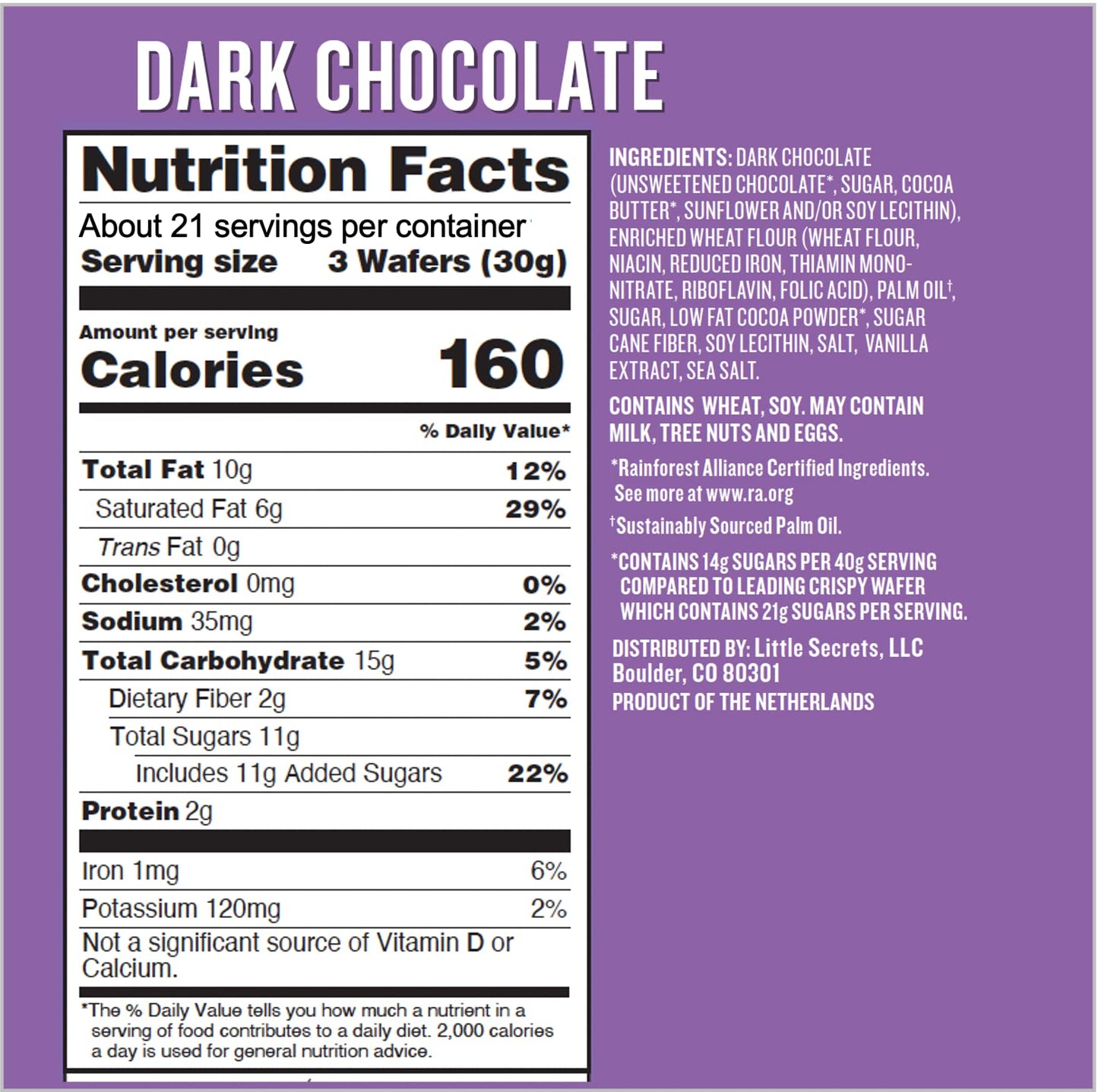 Little Secrets Dark Chocolate Crispy Wafers, 60 Minis, 3.5 Ounce, Pack of 6, Sustainable Cocoa, No Sugar   s, Made in Europe