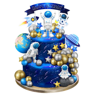 24 Pcs Astronaut Space Cake Toppers Outer Space Cake Toppers Decoration Astronaut Figurines Planet Rocket Satellite Pearl Balls