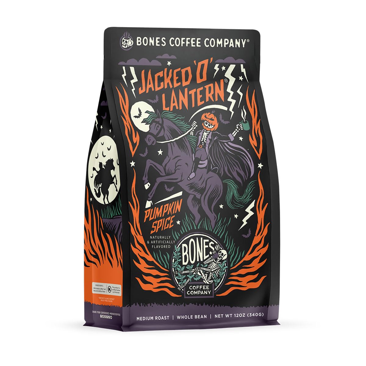 Bones Coffee Company Jacked O' Lantern Pumpkin Spice Flavored Whole Beans | 12 oz Medium Roast Arabica Low Acid Coffee | Gourmet