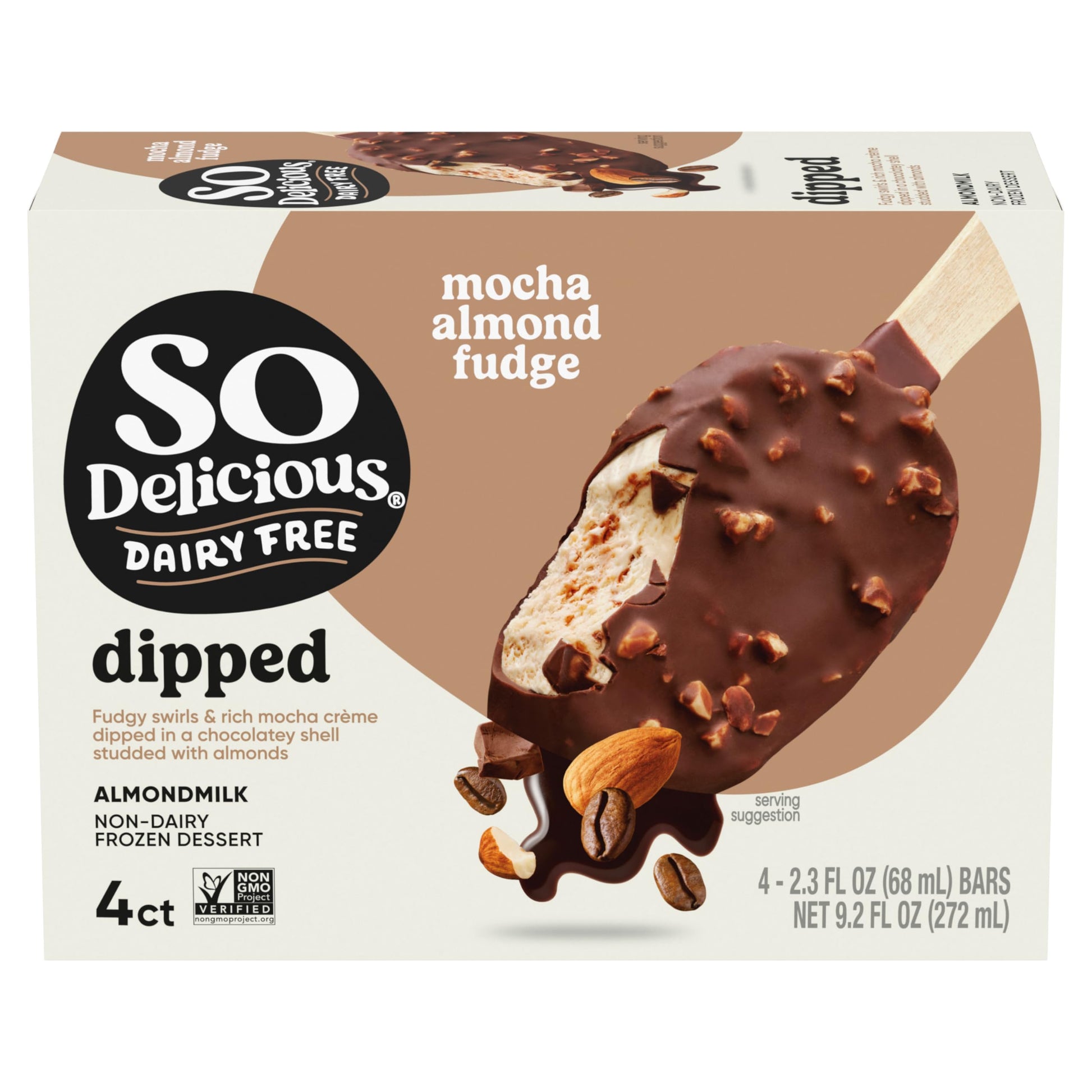 So Delicious Dairy Free Almond Milk Dipped Frozen Dessert Bar, Mocha Almond Fudge, Vegan, Non-GMO Project Verified, 4 Count (Pac