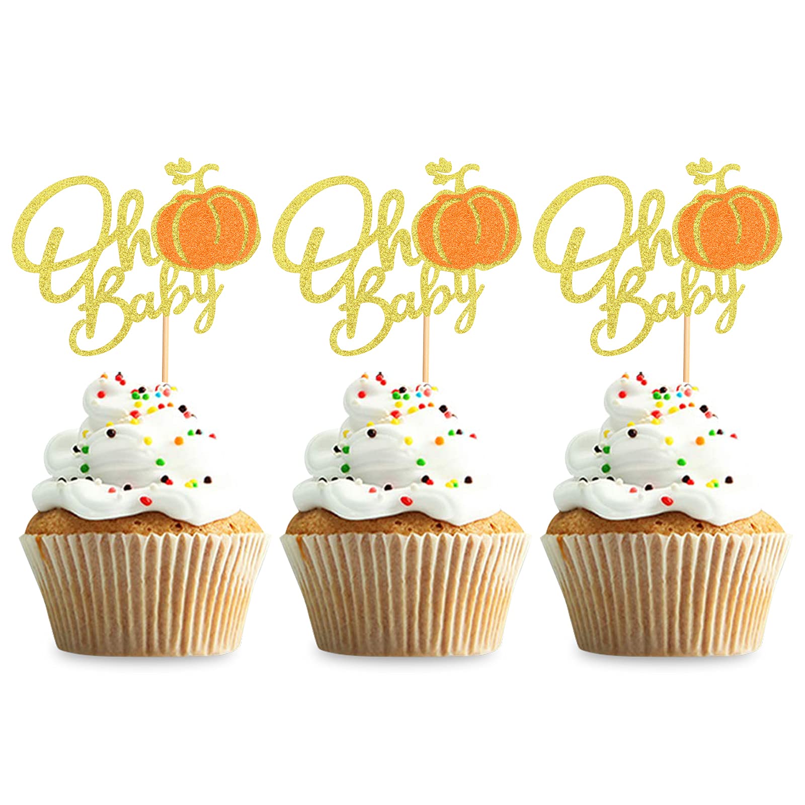 Keaziu 30 Pack Oh Baby Pumpkin Cupcake Toppers Baby Shower Gender Reveal Gold Glitter Thanksgiving Halloween Party Decoration