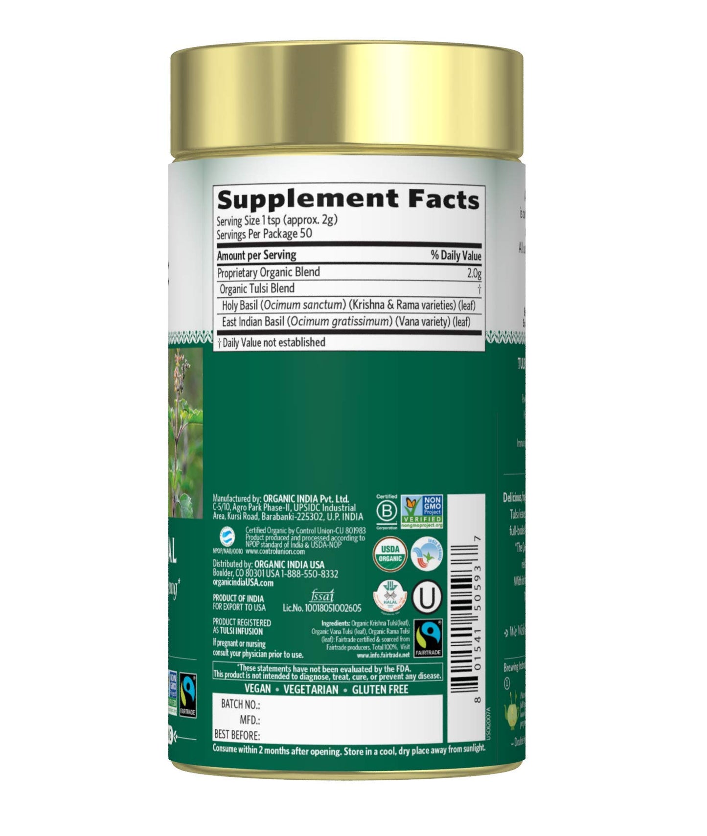 ORGANIC INDIA Tulsi Herbal Tea - Loose Leaf Holy Basil, Caffeine-Free, 3.5 oz Canister
