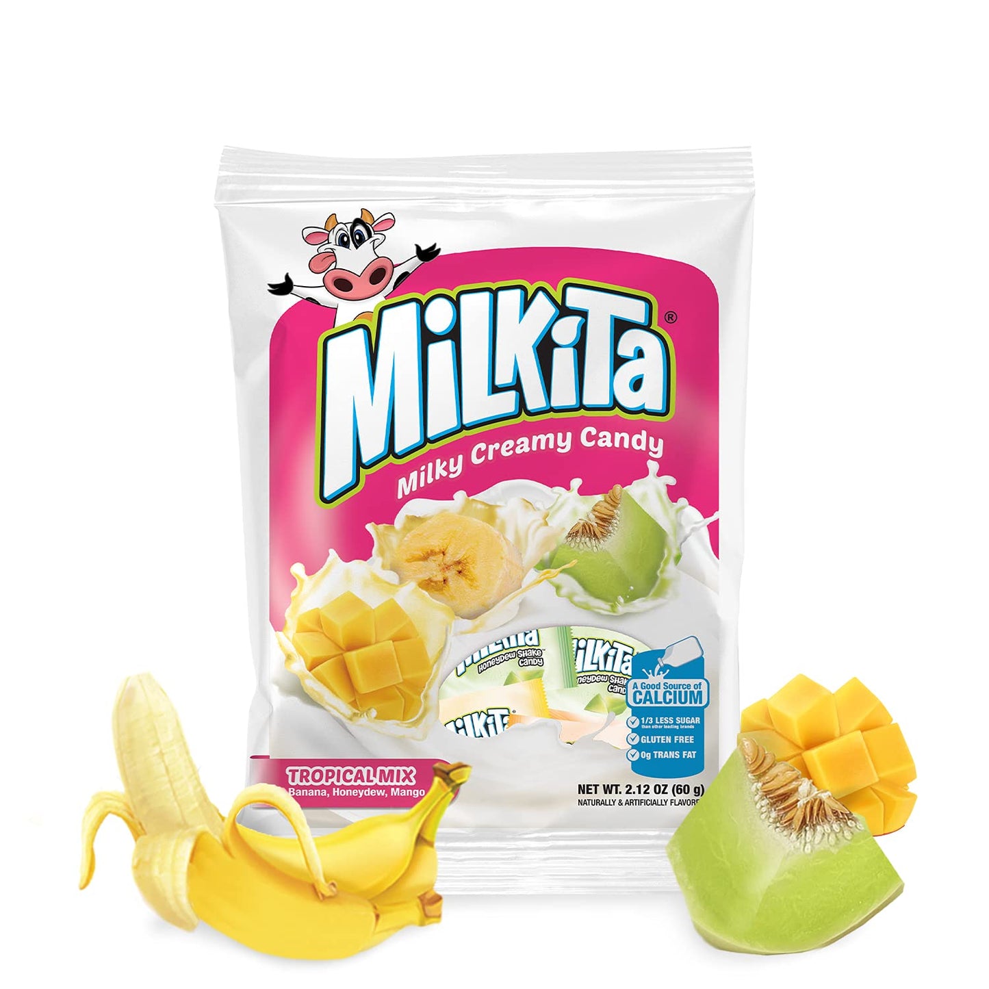 Milkita Creamy Shake Candy Bag, Gluten Free Chewy Candies With Calcium & Real Milk, Zero Trans Fat, Low-Sugar, Tropical Flavors (Banana, Honeydew, Mango), 25 Pcs