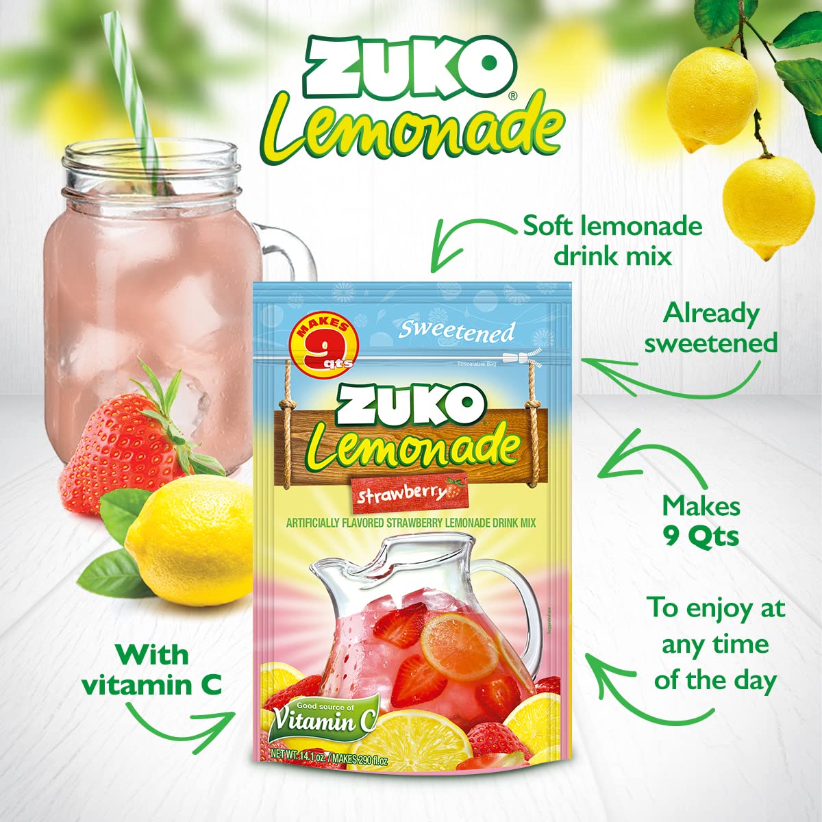 Zuko Strawberry Lemonade Instant Powder Drink | Family Pack | No Sugar Needed | Vitamin C | 14.1 Ounce (Pack Of 6)