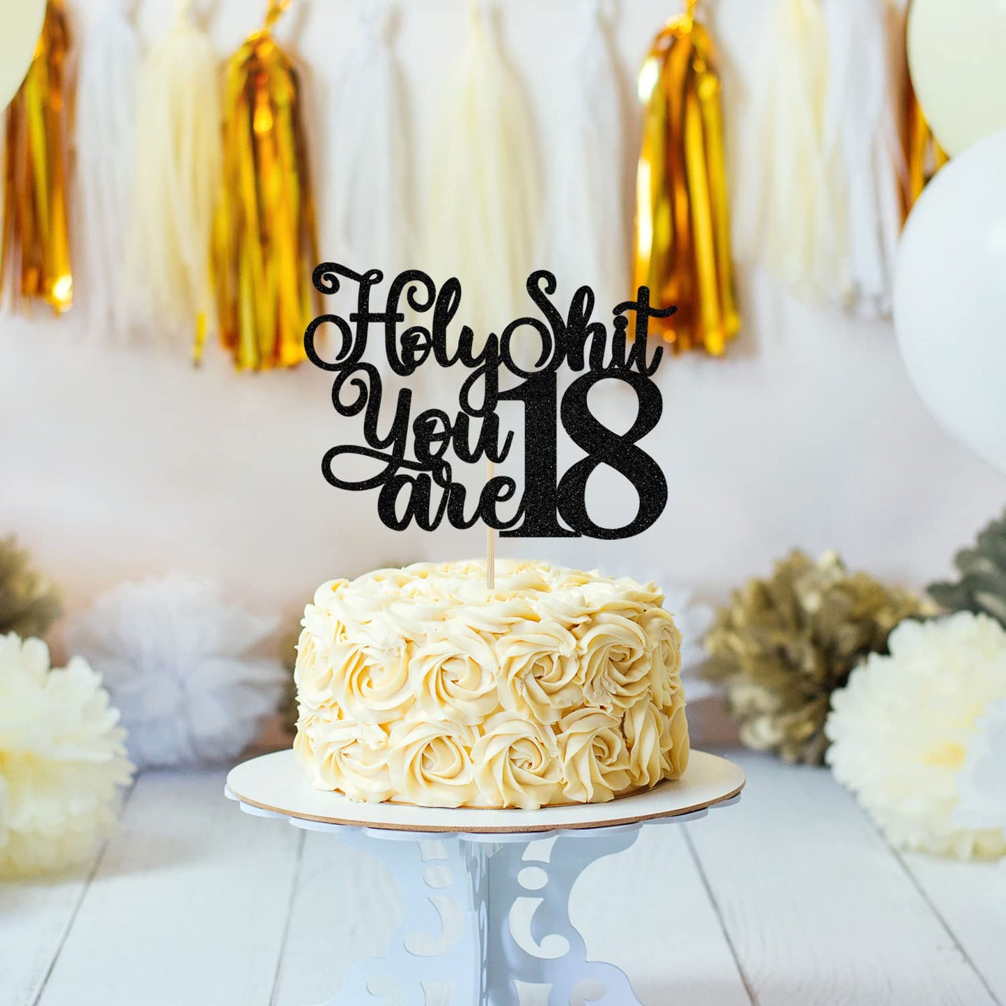 Jenrtvis Happy 18th Birthday Cake Topper, Black Glitter, Paper, Model EM--0286, Fun Cake Decor for 18th Birthday Celebrations