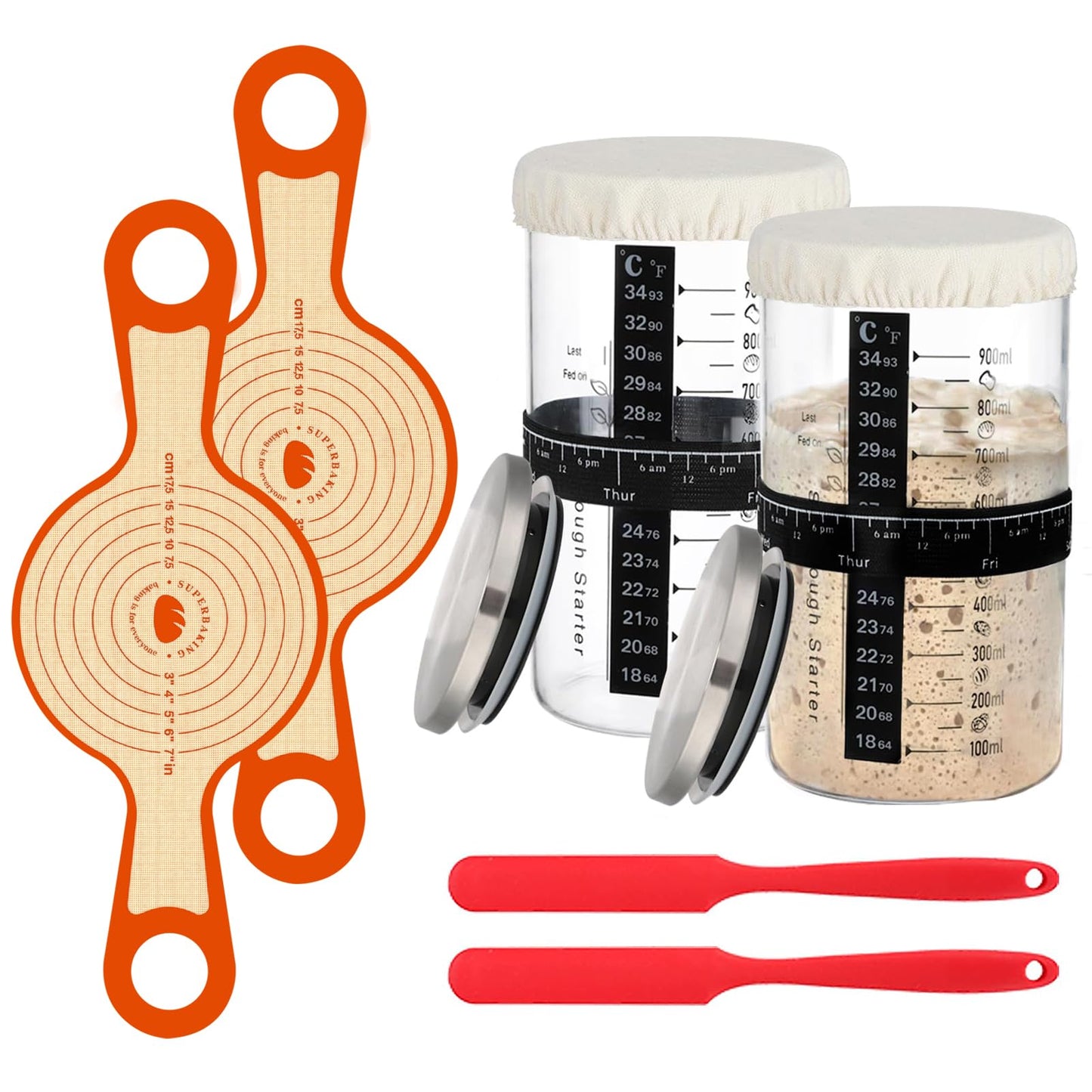 Sourdough Bread Starter Jar Kit - 2 Pcs 34Oz Glass Containers With Lids For Sourdough, 2 Baking Mats, Feeding Band, Thermometer Sticker, Bread Baking Tool Supplies For Homemade Baker Beginner Gift